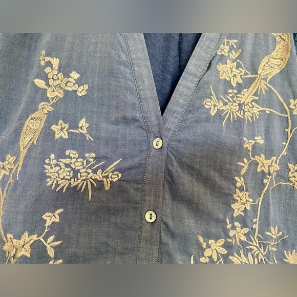 ANTHROPOLOGIE Denim and jersey blouse with embroidery and lace detail. - Picture 3 of 10